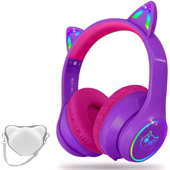 LOBKIN Kids Wireless Headphones, Cat Ear Headphones with LED Lights for Boys/Girls, Childrens Bluetooth Headphones Foldable with Microphone for Phone/Tablet/Laptop (Purple Pink)