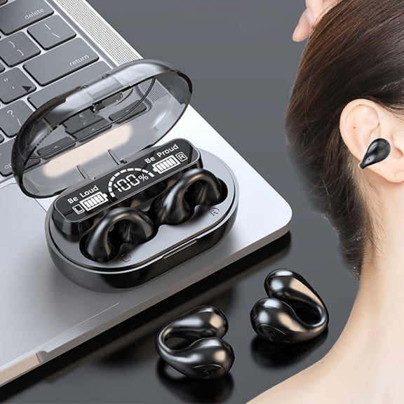 Bluetooth 5.3 Sports Ear Clip Earbuds, Active Noise Cancellation 10mm Driver, Anti-Drop Ear Hook Immersive Sound, Lightweight with Charging Case, for Sports Gaming Daily Music Calls