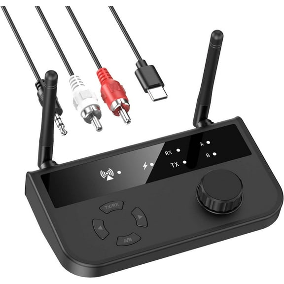 Bluetooth 5.3 Transmitter Receiver, Long Range Bluetooth Audio Adapter, Wireless Music Receiver with Dual Channel, 3.5mm Aux RCA Port, for Home Stereo, Laptop, Speakers