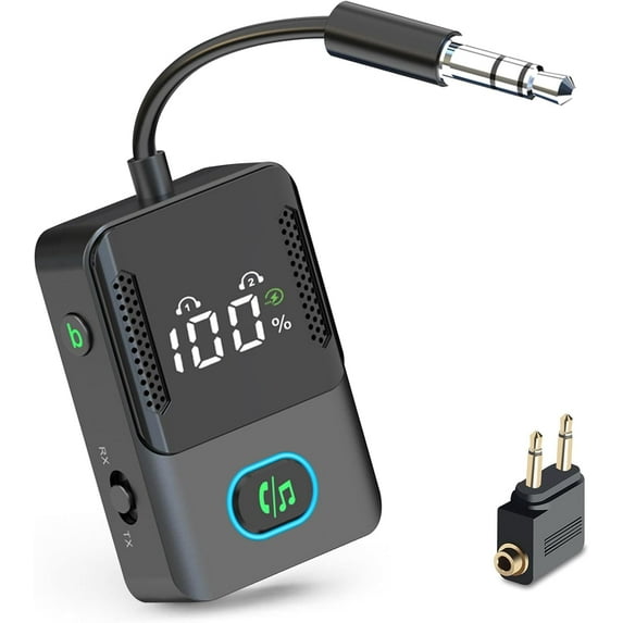 Bluetooth 5.3 Transmitter Receiver for TV/Airplane to 2 Wireless Headphones Dual Link HD 3.5mm Aux Wireless Bluetooth Audio Adapter for Flight PC Gym Travel Car Home Stereo