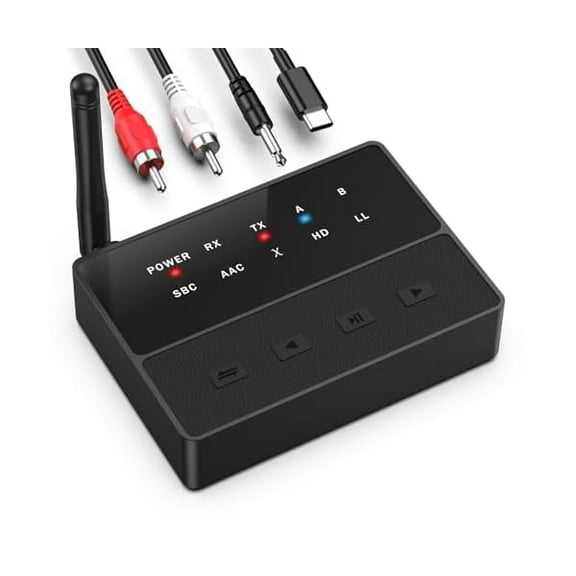 Bluetooth 5.3 Transmitter Receiver, aptX Low Latency HD Bluetooth Receiver for Home Stereo, Bluetooth Wireless Audio Adapter for 2 Headphones, AUX/RCA Bluetooth Adapter for TV Speaker PC