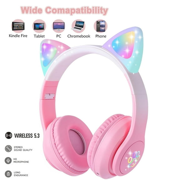 Bluetooth 5.3 Wireless Headphone Cat Ear LED Light Up Over-ear Foldable Headphone with Mic