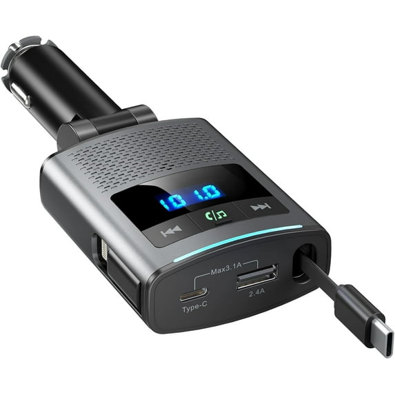 Bluetooth Fm Transmitter for Car, 80.5W Retractable Car Charger, Bluetooth 5.3 Car Adapter with 3-Port Fast Charging, Hands-Free Calling Compatible with All Devices (Gray)