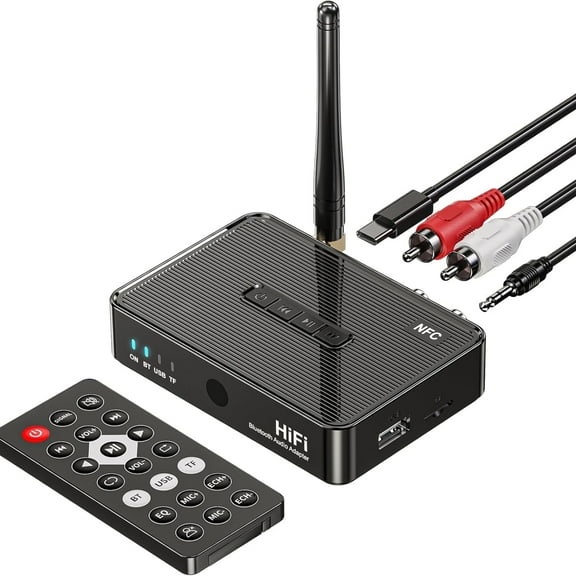 Bluetooth 5.4 Audio Receiver Adapter, 3 in 1 Wireless NFC to RCA Stereo Audio Amplifier Adapter with Remote Control, Audio Adapter for Home Stereo/Speakers,Supports RCA,3.5 mm AUX,USB,TF Card,NFC