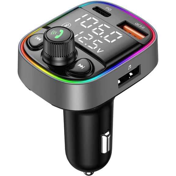 Bluetooth 5.4 Bluetooth Car Adapter, FM Transmitter with QC3.0/Type-C 42W Fast Charging, Dual LED Display, HiFi Bass, Handsfree Calls/Audio Transmitter, TF/USB Music Player, 7-Color Backlit