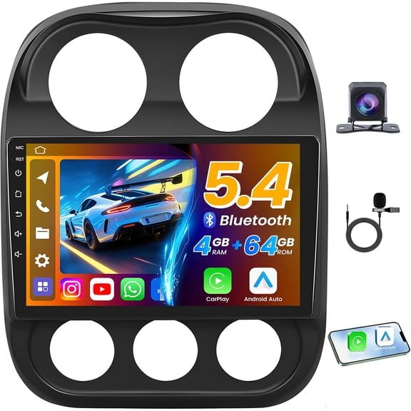 Bluetooth 5.4 Car Radio Stereo for Jeep Compass Patriot 2010-2016: [4+64GB] 10" Upgrade 5G WiFi 1280*800 Touchscreen Head Unit Wireless Carplay/Android Auto/1080P Backup Camera/GPS/FM/SWC/Mirror Link