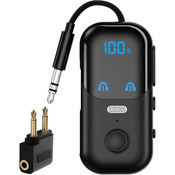 Bluetooth 5.4 Transmitter Receiver for 2 AirPods/Headphones, 2-in-1 Airplane Bluetooth Adapter with Mic for Hands-Free Calls, Low Latency, Wireless Audio Adapter for Travel Flight TV Speakers