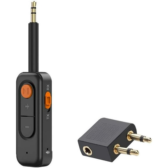 Bluetooth 5.4 Transmitter Receiver, Airplane Bluetooth Adapter for 2 Headphones, 3.5mm AUX Jack Audio Adapter with Built-in Microphone for Hands-Free Calls, for Car/Gym/Airplane Travel Essentials