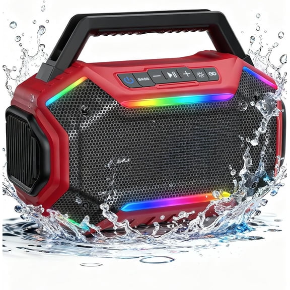 Bluetooth 6.0 Speaker, 80W(Peak) Loud Speaker with Bass, 30H Working Time, IPX6 Waterproof Large Jobsite Speakers with TWS, RGB Lights for Work, Outdoor, Workshop, Garage (Red)