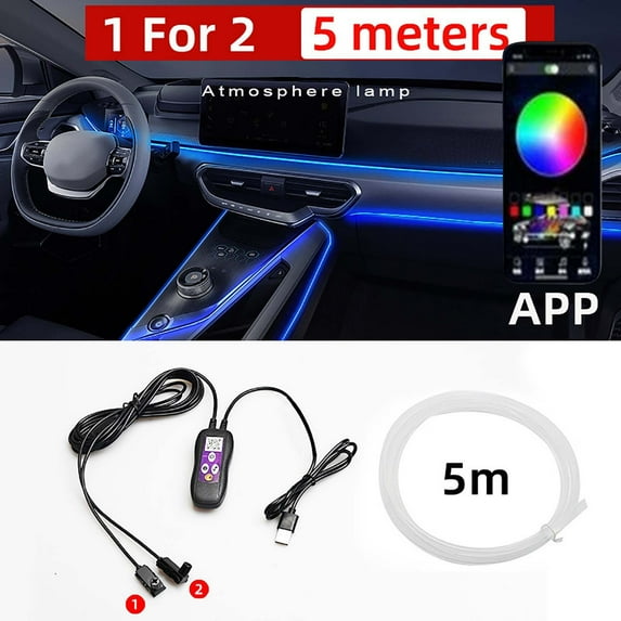 Bluetooth APP Controlled Car LED Strip Lights with Music Sync, USB Powered Neon Lights for Cars & Trucks, Multicolor Interior Ambient Lighting, Easy Installation & Concealment