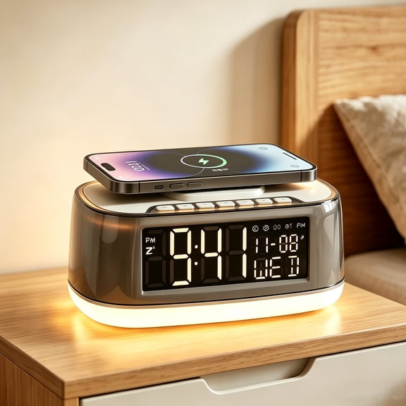 Bluetooth Alarm Clock Speaker with 15W Wireless Charging, Dimmable Clock Radio, Night Light, FM Radio, Dual Alarm Snooze & RGB Night Light for Bedroom Home Office Present