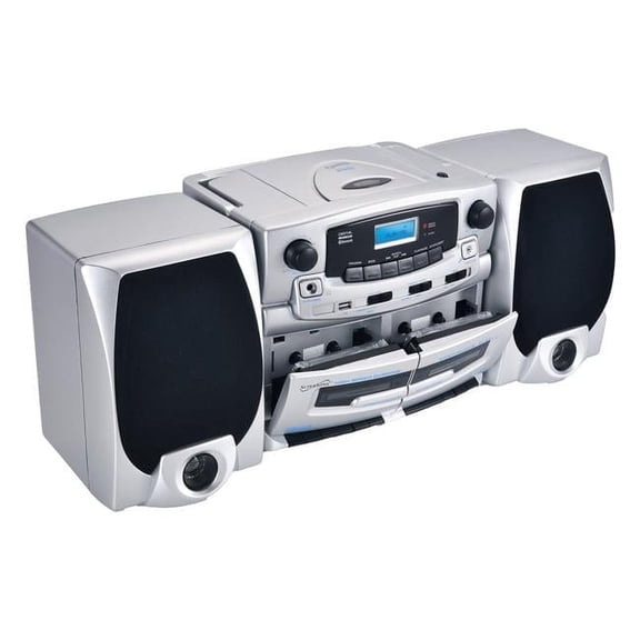 Bluetooth Audio System with Double Cassette Recorder & Built-In Mic () Silver