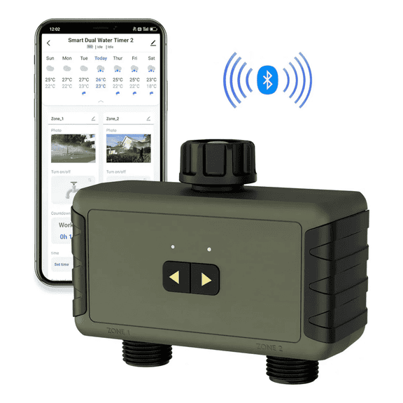 2-Zone Irrigation Timer, Bluetooth, Automatic Rain Sensor Compatible, 20 Program