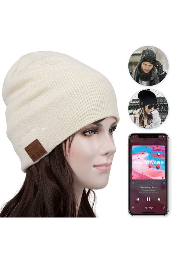 Bluetooth Beanie Hat, GRNSHTS Upgraded Wireless Bluetooth 5.0 Beanie Hat with Headphones Headset Earphone Knitted Beanie with Stereo Speakers and Mic for Women Men (Beige-Stripes)