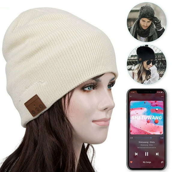 Bluetooth Beanie Hat, GRNSHTS Upgraded Wireless Bluetooth 5.0 Beanie Hat with Headphones Headset Earphone Knitted Beanie with Stereo Speakers and Mic for Women Men (Beige-Stripes)