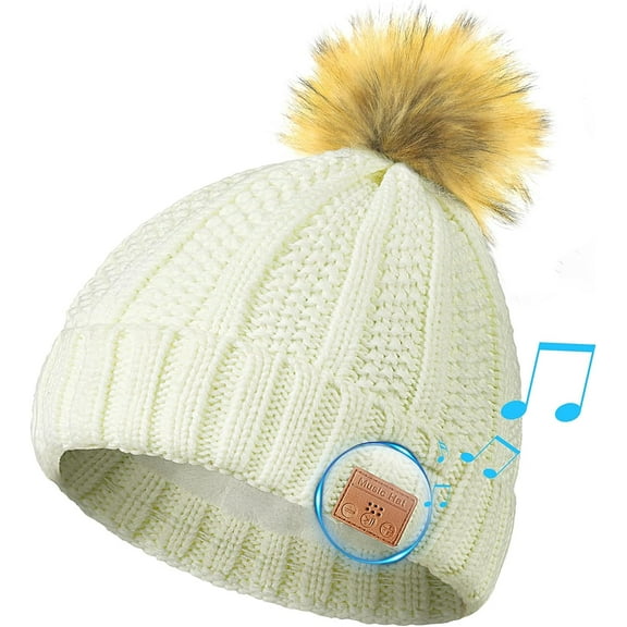 Bluetooth Beanie Hat with Headphones, Wireless Knitted Pompom Beanie for Women Girls Built-in Mic and Speakers, Winter Warm Pom Music Beanie Hat (White)