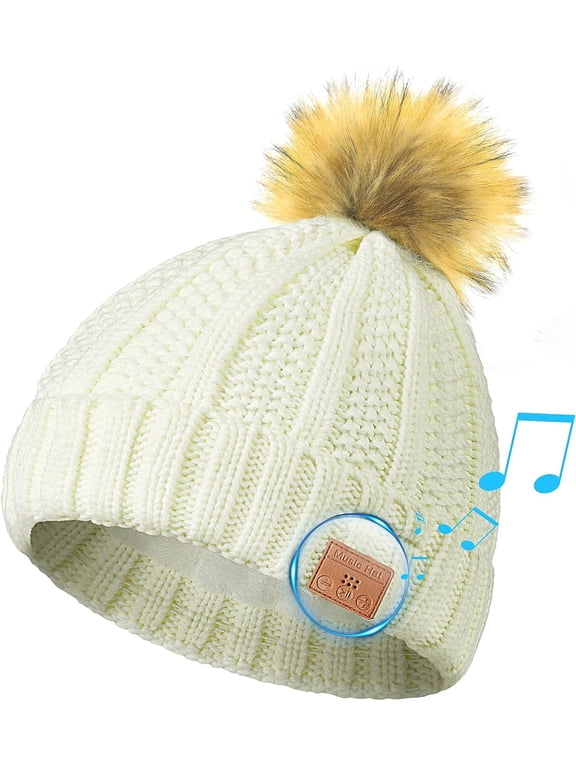 Bluetooth Beanie Hat with Headphones, Wireless Knitted Pompom Beanie for Women Girls Built-in Mic and Speakers, Winter Warm Pom Music Beanie Hat (White)