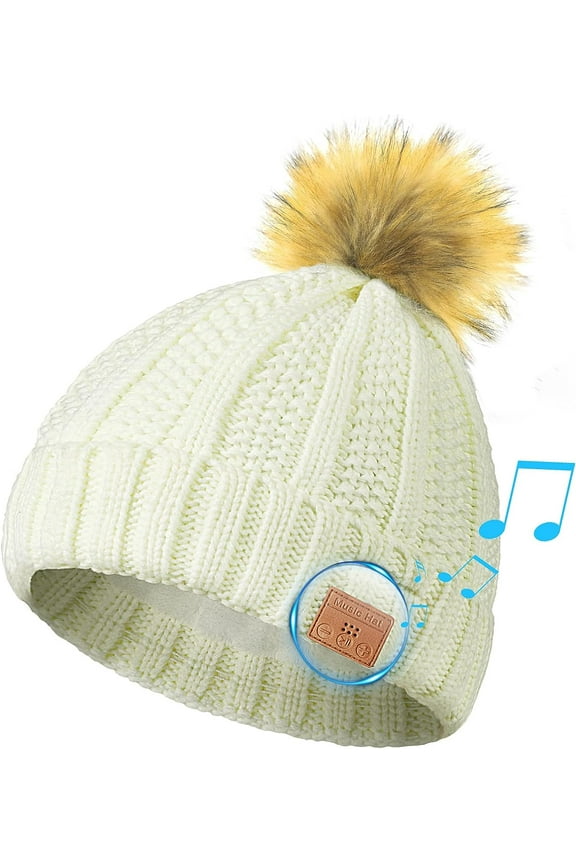 Bluetooth Beanie Hat with Headphones, Wireless Knitted Pompom Beanie for Women Girls Built-in Mic and Speakers, Winter Warm Pom Music Beanie Hat (White)
