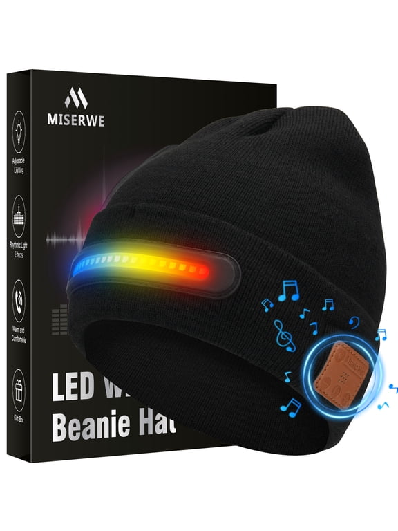 Bluetooth Beanie Hat with LED Light, 3-in-1 Wireless Music Cap with Built-in Speakers & Mic, USB Rechargeable Winter Warm Knit Hat, Hands-Free Headlamp for Running Camping Hiking - Unisex Gift
