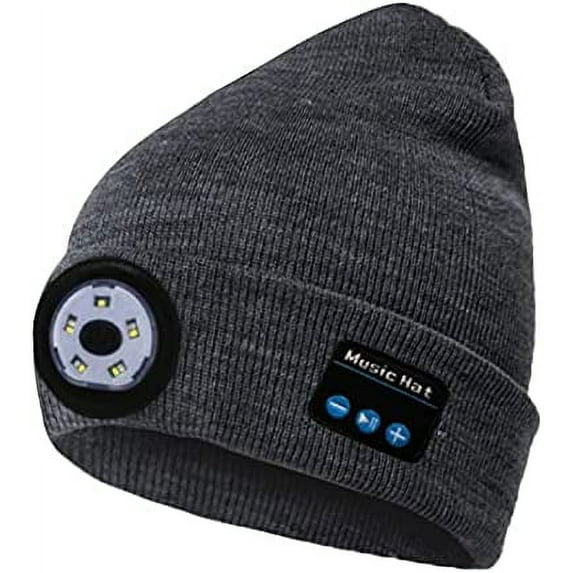 Bluetooth Beanie Hat with Light, 5 LED Knitted Cap with Headphone for Men Women and Teens, LED Headlamp Rechargeable Wireless Headset Winter Musical Knitted Hat for Hiking and Camping (Dark Grey)