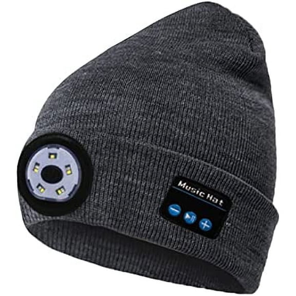 Bluetooth Beanie Hat with Light, 5 LED Knitted Cap with Headphone for Men Women and Teens, LED Headlamp Rechargeable Wireless Headset Winter Musical Knitted Hat for Hiking and Camping (Dark Grey)
