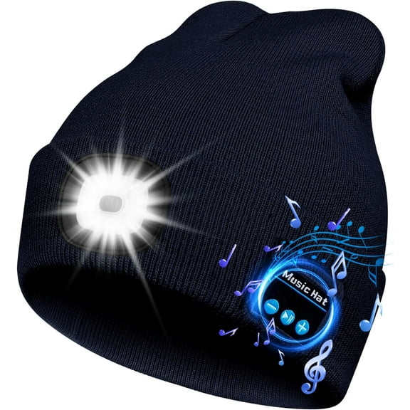 Bluetooth Beanie Hat with Light, USB Rechargeable 4 LED Headlamp Cap with Headphones and Built-in Speaker Mic, Winter Warm Knitted Cap for Men Women Running Hiking Skiing Camping (Navy)