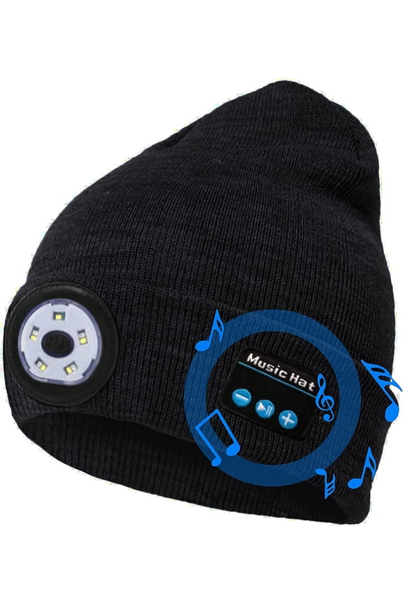 Bluetooth Beanie Hat with Light, USB Rechargeable Music Winter Hat Wireless Beanie with Headlamp Built-in Microphone and Stereo Speaker Flashlight Hat for Running Cycling Skiing Hiking Camping