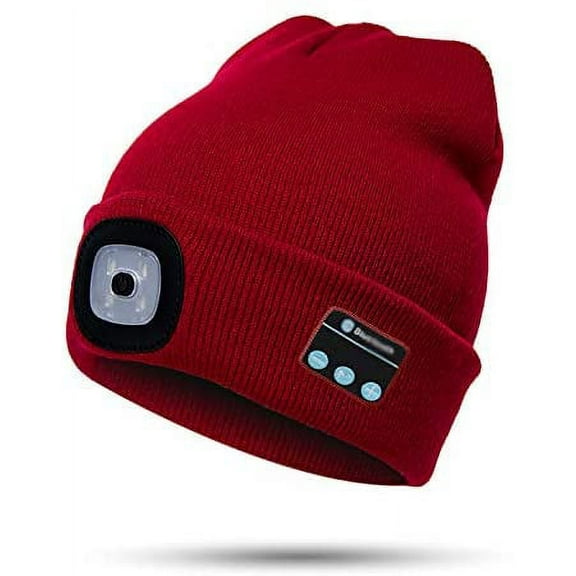 Bluetooth Beanie Hat with Light, Unisex USB Rechargeable 4 LED Headlamp Cap with Headphones, Built-in Stereo Speakers & Mic Winter Knitted Night Lighted Music Beanie Hat (Red)