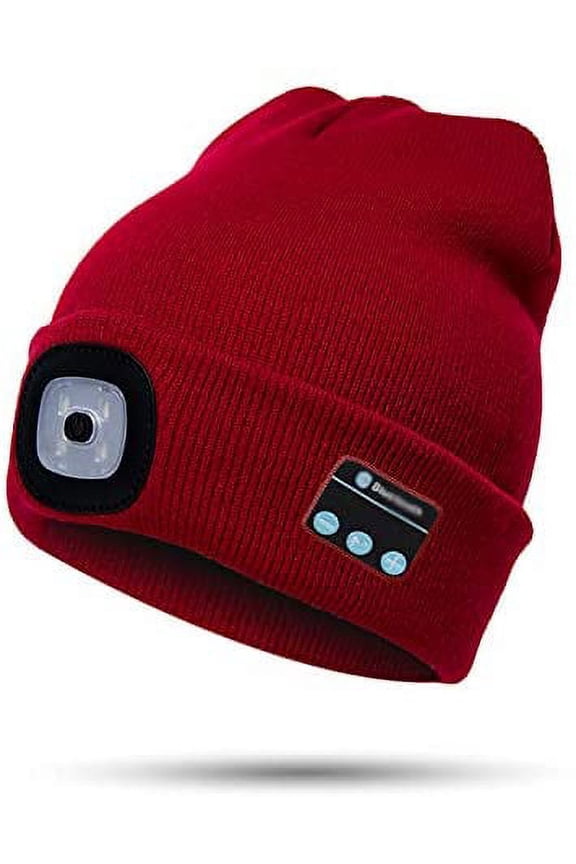 Bluetooth Beanie Hat with Light, Unisex USB Rechargeable 4 LED Headlamp Cap with Headphones, Built-in Stereo Speakers & Mic Winter Knitted Night Lighted Music Beanie Hat (Red)