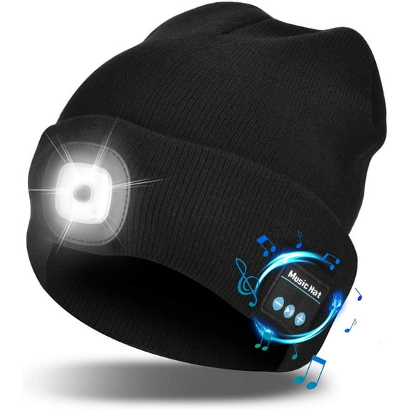 Bluetooth Beanie Hat with Light, Unisex USB Rechargeable 4 LED Headlamp Cap with Headphones, Built-in Stereo Speakers & Mic Winter Knitted Night Lighted Music Beanie Hat (Black)