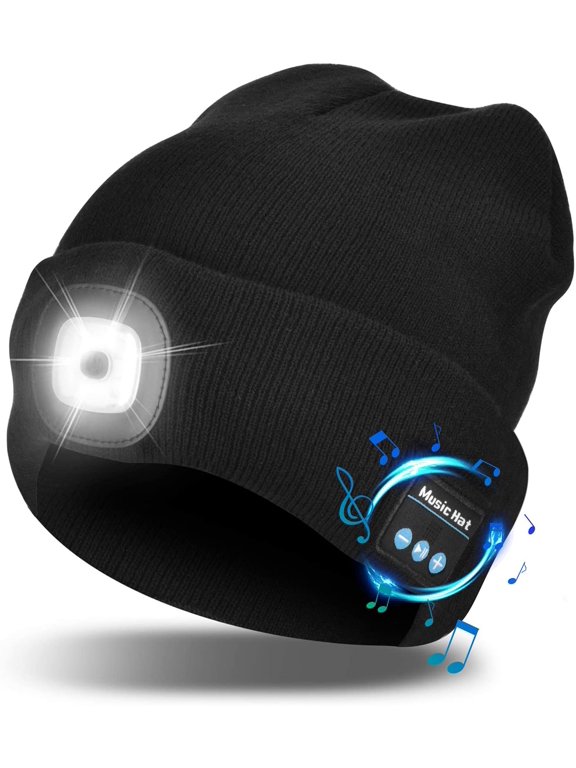 Bluetooth Beanie Hat with Light, Unisex USB Rechargeable 4 LED Headlamp Cap with Headphones, Built-in Stereo Speakers & Mic Winter Knitted Night Lighted Music Beanie Hat (Black)