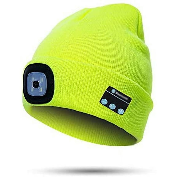 Bluetooth Beanie Hat with Light, Unisex USB Rechargeable 4 LED Headlamp Cap with Headphones, Built-in Stereo Speakers & Mic Winter Knitted Night Lighted Music Beanie Hat (Fluorescent Yellow)