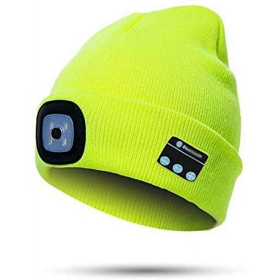 Bluetooth Beanie Hat with Light, Unisex USB Rechargeable 4 LED Headlamp Cap with Headphones, Built-in Stereo Speakers & Mic Winter Knitted Night Lighted Music Beanie Hat (Fluorescent Yellow)