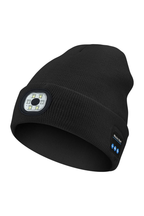 Bluetooth Beanie Hat with Light, Unisex USB Rechargeable 6 LED Headlamp Cap with Headphones, Built-in Stereo Speakers & Mic Winter Knitted Beanie Hat (Black)