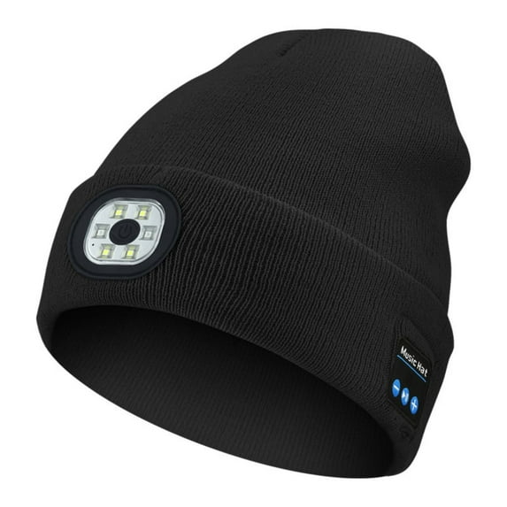Bluetooth Beanie Hat with Light, Unisex USB Rechargeable 6 LED Headlamp Cap with Headphones, Built-in Stereo Speakers & Mic Winter Knitted Beanie Hat (Black)