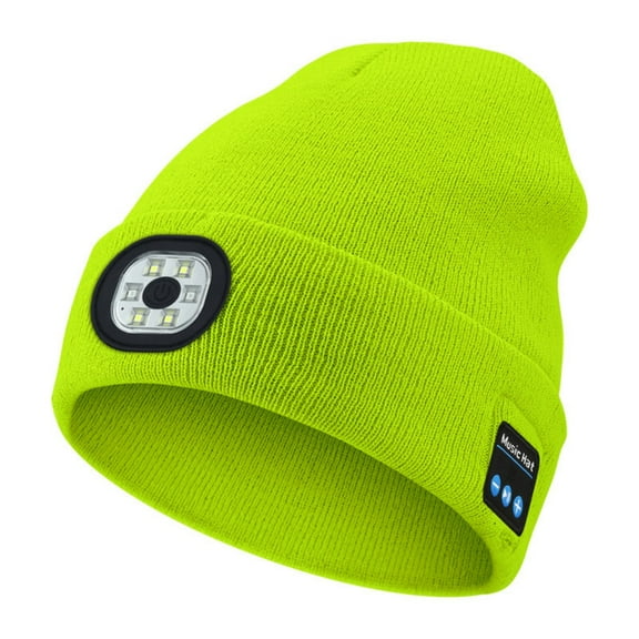 Bluetooth Beanie Hat with Light, Unisex USB Rechargeable 6 LED Headlamp Cap with Headphones, Built-in Stereo Speakers & Mic Winter Knitted Beanie Hat (Fluorescent Yellow)