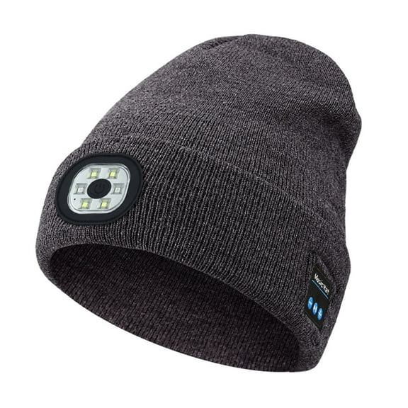 Bluetooth Beanie Hat with Light, Unisex USB Rechargeable 6 LED Headlamp Cap with Headphones, Built-in Stereo Speakers & Mic Winter Knitted Beanie Hat (Grey)