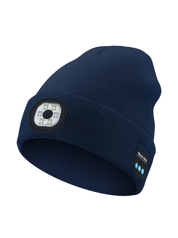 Bluetooth Beanie Hat with Light, Unisex USB Rechargeable 6 LED Headlamp Cap with Headphones, Built-in Stereo Speakers & Mic Winter Knitted Beanie Hat (Navy Blue)