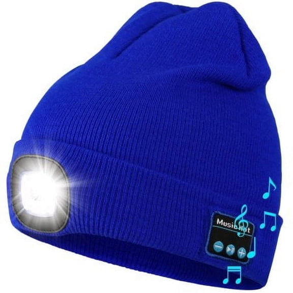 Bluetooth Beanie Hat with Light, Unisex USB Rechargeable LED Headlamp Cap with Headphones, Built-in Speakers & Mic Winter Knitted Night Lighted Music Hat, Christmas Gifts for Men Him Husband (Blue)