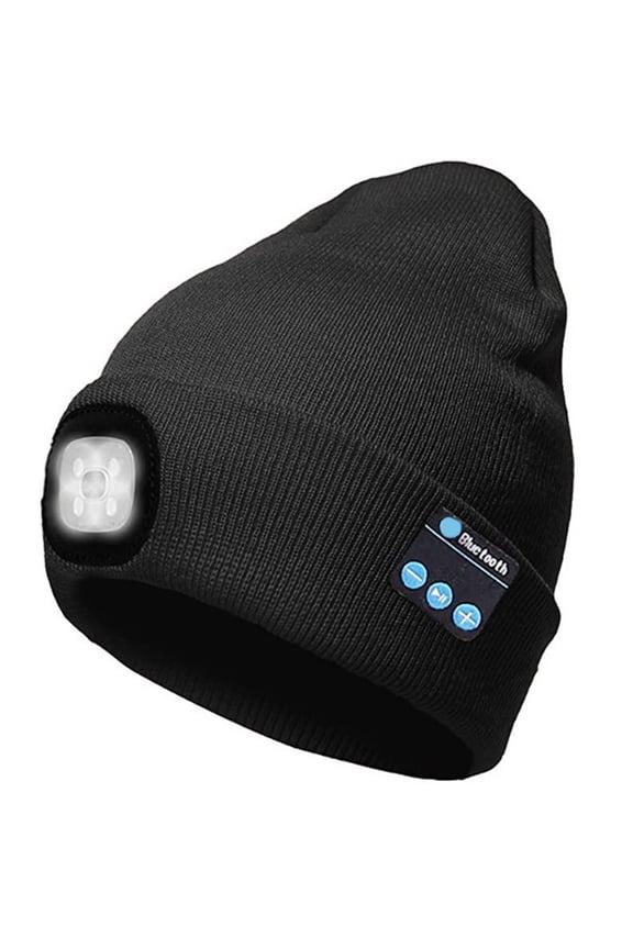 Bluetooth Beanie Hat with Light, Unisex USB Rechargeable LED Headlamp Cap with Headphones, Built-in Speakers & Mic Winter Knitted Night Lighted Music Hat, Christmas Gifts for Men Women (Black)