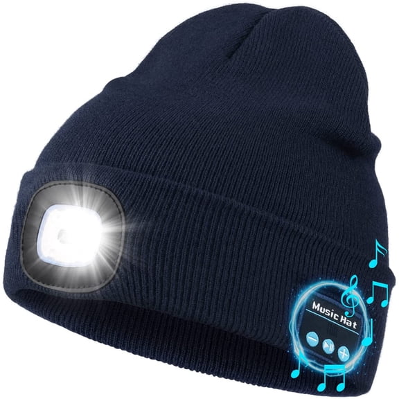 Bluetooth Beanie Hat with Light, Unisex USB Rechargeable LED Headlamp Cap with Headphones, Built-in Speakers & Mic Winter Knitted Night Lighted Music Hat, Christmas Gifts for Men Him Husband (Navy)