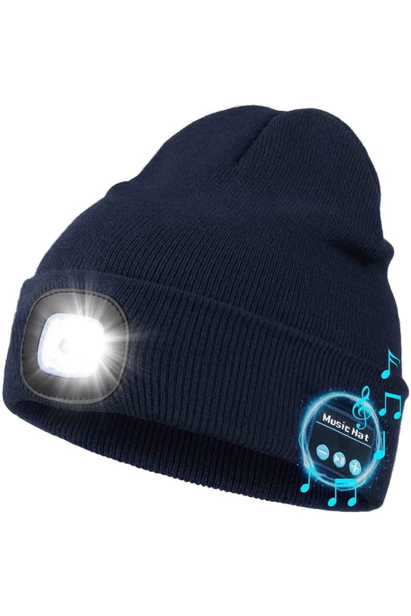 Bluetooth Beanie Hat with Light, Unisex USB Rechargeable LED Headlamp Cap with Headphones, Built-in Speakers & Mic Winter Knitted Night Lighted Music Hat, Christmas Gifts for Men Him Husband (Navy)