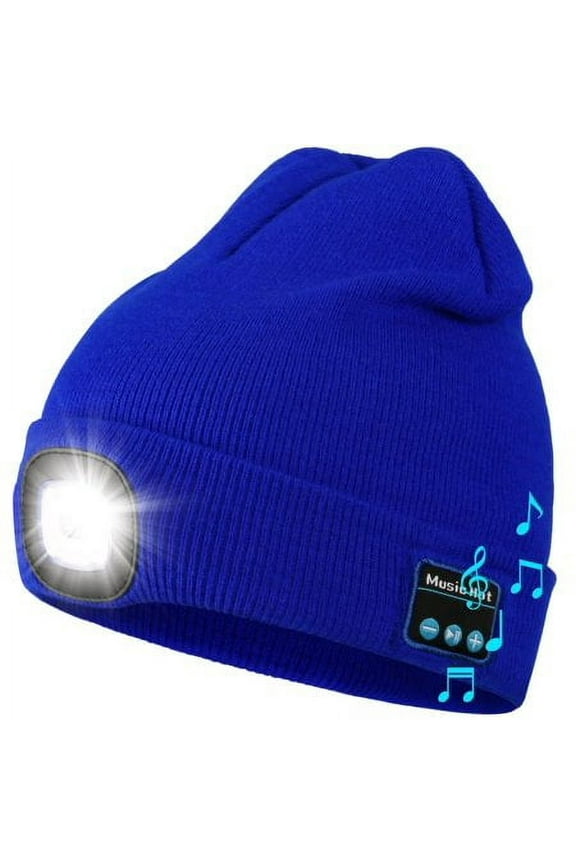 Bluetooth Beanie Hat with Light, Unisex USB Rechargeable LED Headlamp Cap with Headphones, Built-in Speakers & Mic Winter Knitted Night Lighted Music Hat, Christmas Gifts for Men Him Husband (Blue)