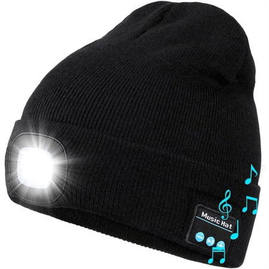 Bluetooth Beanie Hat with Light, Unisex USB Rechargeable LED Headlamp Cap  with Headphones, Built-in Speakers  Mic Winter Knitted Night Lighted Music  Hat, Christmas Gifts for Men Him Husband (Black)