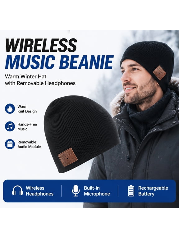 Bluetooth Beanie Hat with Removable Headphones, Wireless Music Winter Knit Hat with Built-In Microphone, Rechargeable Warm Beanie for Men and Women, Outdoor Winter Accessories