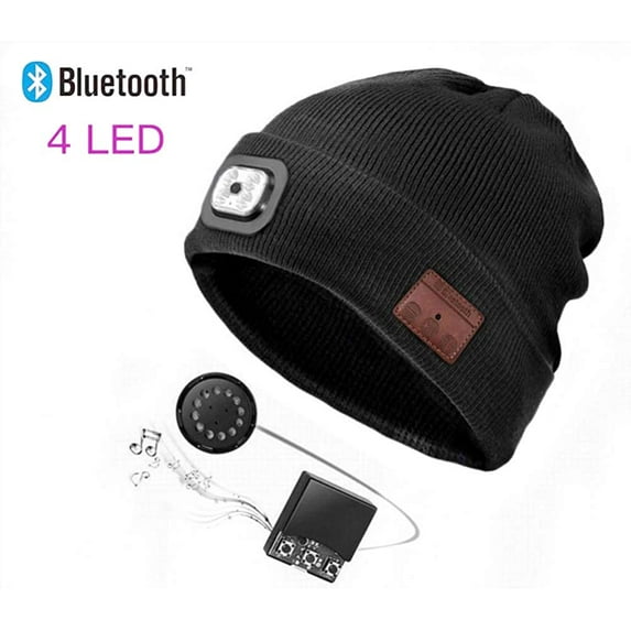 Bluetooth Beanie Hat with LED Headlight, Lighted Beanie Cap Rechargeable with Wireless Bluetooth Hands Free Head Hat Outdoor Winter Hat, Black