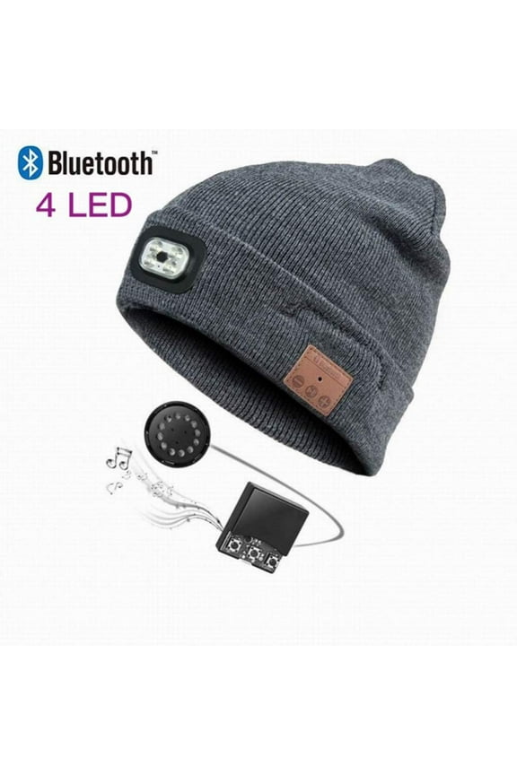 Bluetooth Beanie Hat with LED Headlight, Lighted Beanie Cap Rechargeable with Wireless Bluetooth Hands Free Head Hat Outdoor Winter Hat, Grey