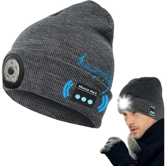 Bluetooth Beanie Hat with LED Light Headlamp Music Hat USB Rechargeable Bluetooth Hat, LED Beanie Running Hiking Gift for Men Women