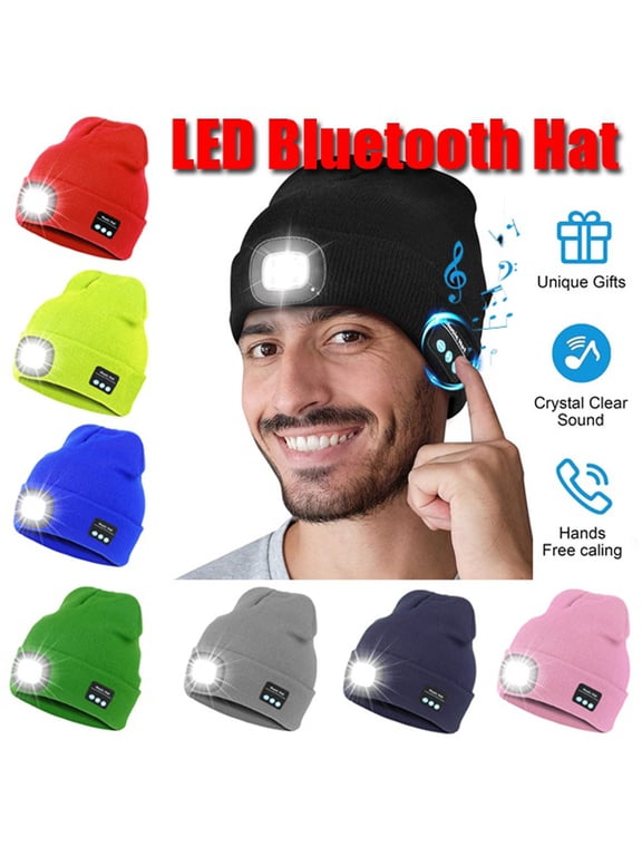 Bluetooth Beanie Hat with Light & Headphones Unisex Winter Knitted Cap with Headlamp Tech Gift for Men Women Dad Husband(Navy Blue)