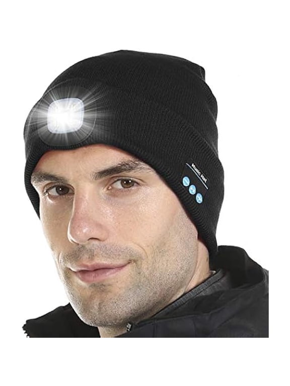 Bluetooth Beanie Hat with Light, Unisex LED Cap with Headphones Built-in Stereo Speakers & Mic, Tech Gift for Men Women Dad Black